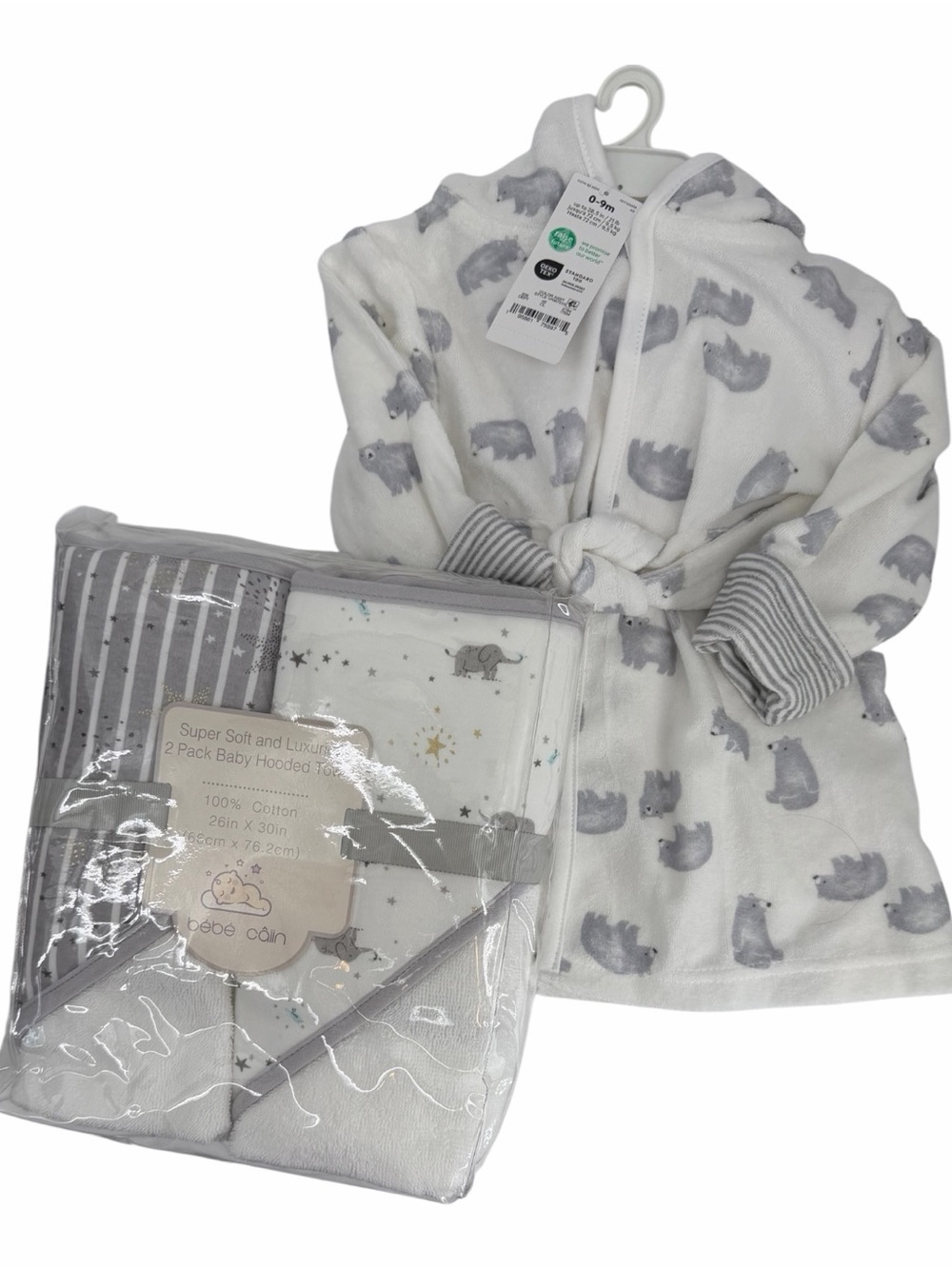 NWT Baby Bath Gift set: Carter 0-9m robe & Bébè Câlin Hooded Towels (100% cotton